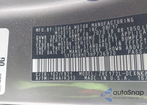 2017 Toyota Corolla Le из США, поврежденный, VIN 5YFBURHE1HP736920